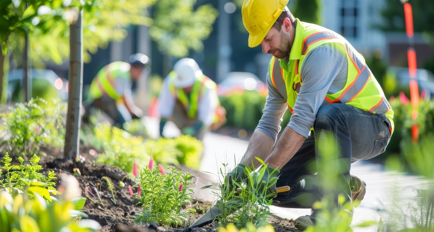 Landschaftsbau bietet interessante Jobs - hier Gartenbauer bei der Gartenpflege im öffentlichen Raum