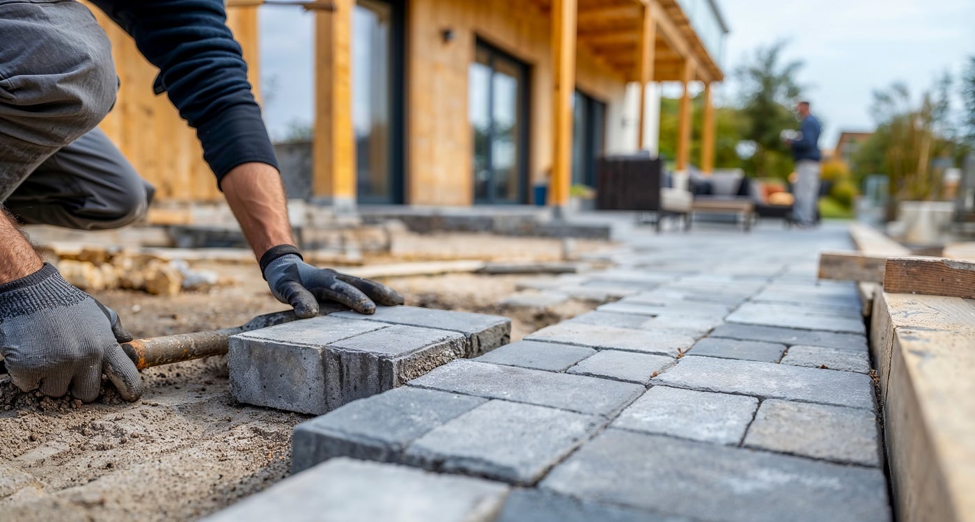 Landschaftsbauer verlegt Plastersteine auf der Terrasse eines Kunden